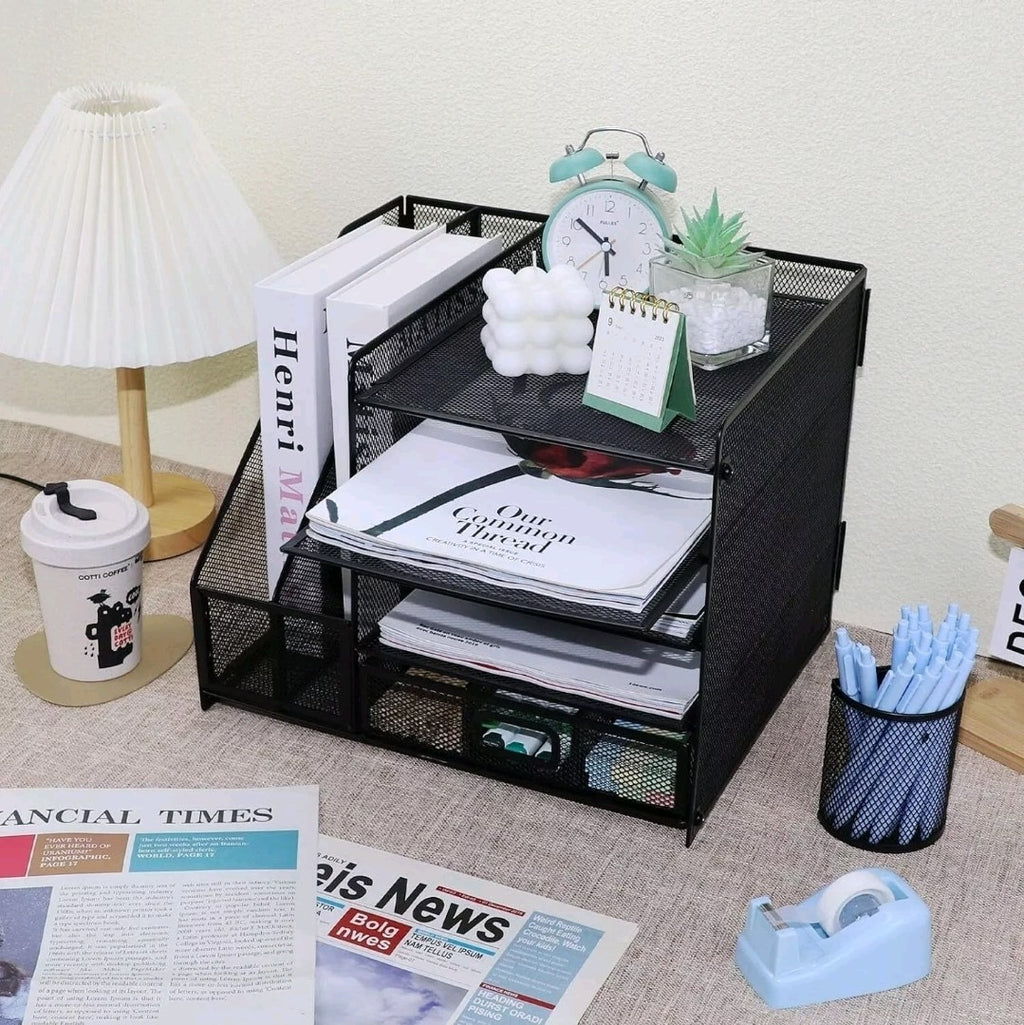 Desk Organiser Black 5-Tier Letter Tray with Drawer & Pen Holders |Vertical Mesh