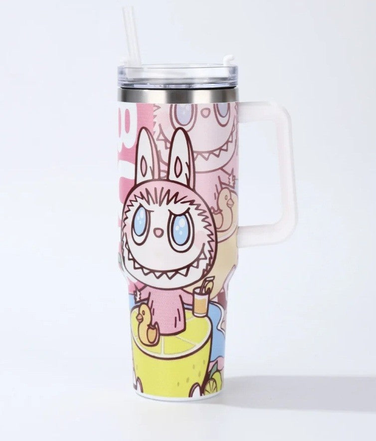 LABUB Character Travel Mug Tumbler with Handle–40oz Insulated Cup with Lid BROWN