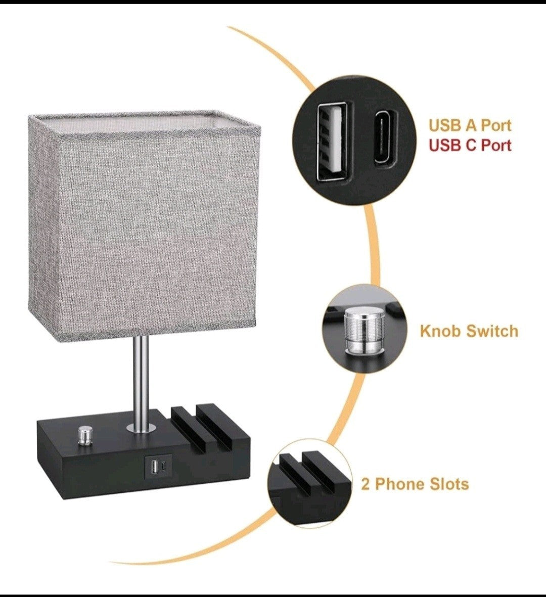 USB Bedside Table Lamp,  Desk Lamp with 2 USB Charging Ports and Phone Charge...