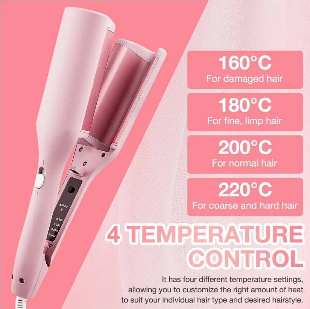 Big French Wave Hair Curler 32mm V-Shaped Waver Iron with 4 Heat Settings – Pink
