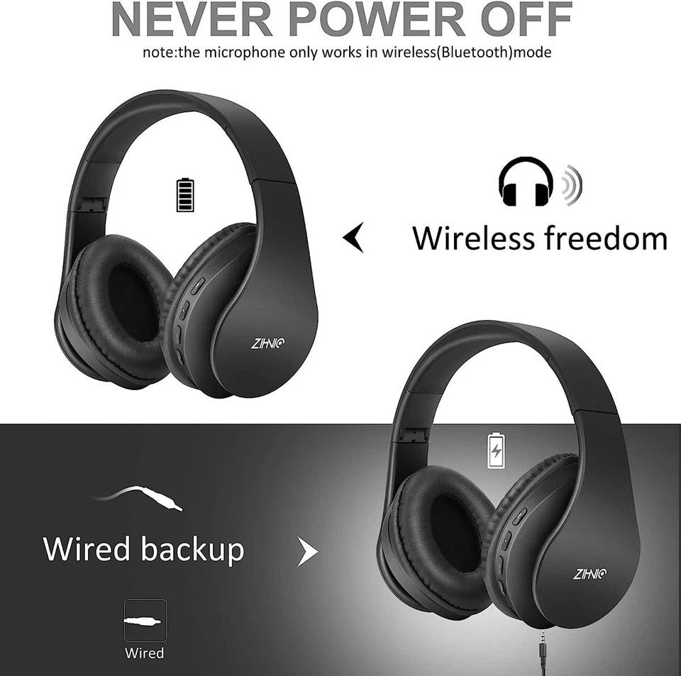 ZIHNIC Bluetooth Headphones Over-Ear, Foldable Wireless and Wired Stereo Headset