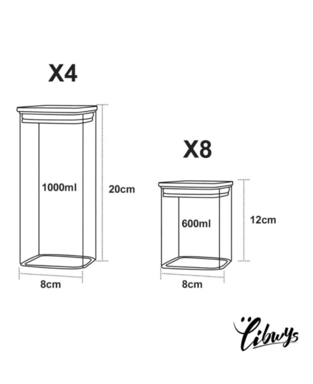 LIBWYS 12x Square Glass Food Storage Jars with Bamboo Lids Airtight Canisters 