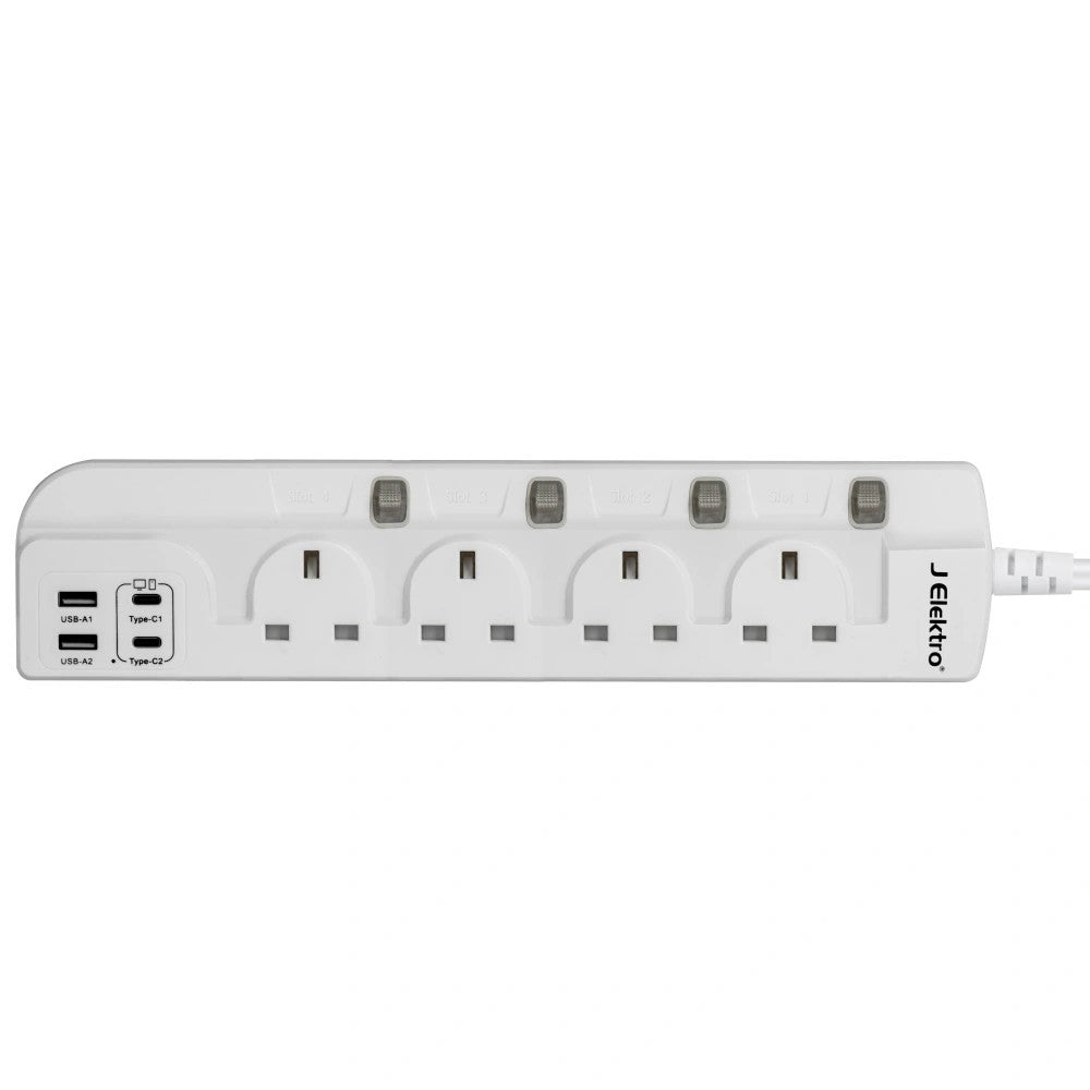 J Elektro 4 Way Extension Lead with Individual Switches, 4 USB Ports, 3 Meter 