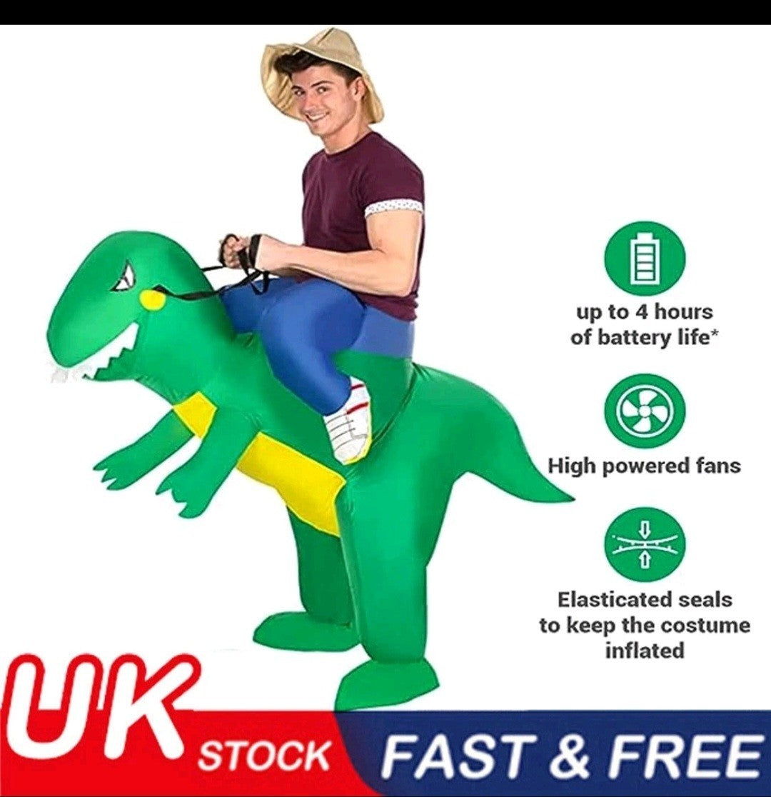 Inflatable Green Dinosaur Rider Costume Suit Fan Costume Dress Party Funny Adult