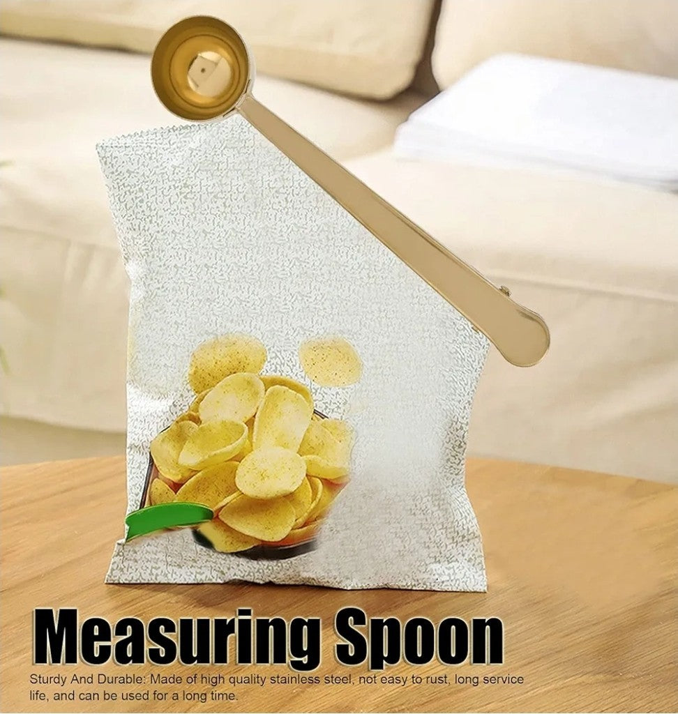 Gold Coffee Scoop with Bag Clip – 2-in-1 Stainless Steel Coffee Spoon for Tea