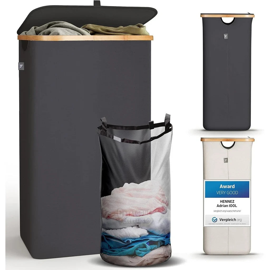 Adrian 100L Bamboo Laundry Hamper with Lid & Removable Bag in Dark Grey Colour