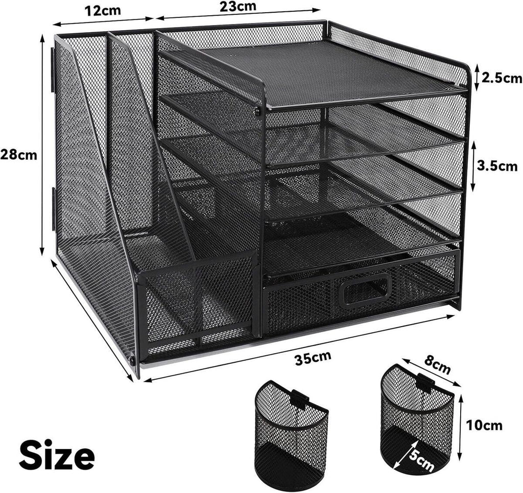 Desk Organiser Black 5-Tier Letter Tray with Drawer & Pen Holders |Vertical Mesh