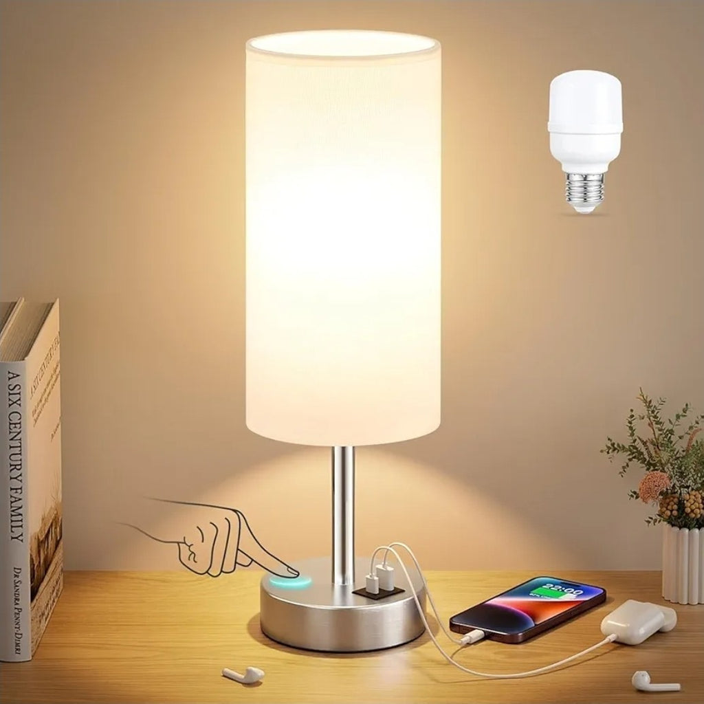 Set of 2 Touch Bedside Table Lamps with 3-Way Dimmable Light – Off-White Fabric 