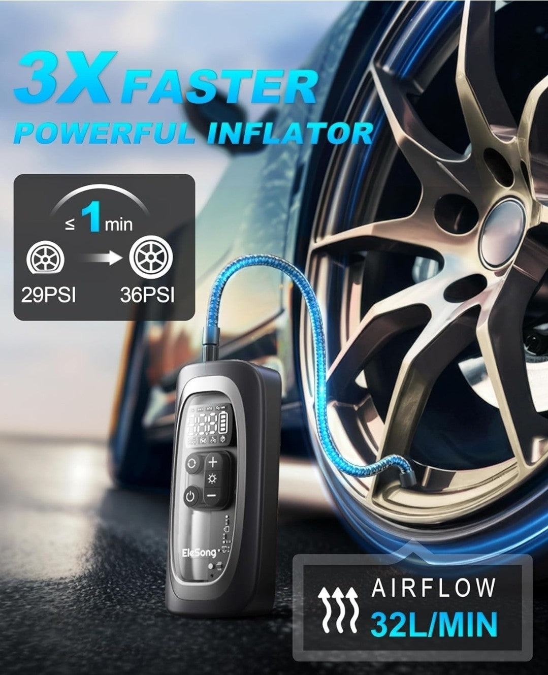 Elesong Smart Electric Air Pump T03 – 150PSI Portable Cordless Tyre Inflator