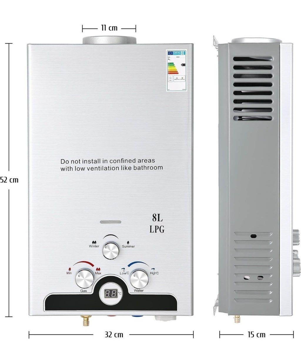 8L LPG Gas Water Heater Tankless Instant Boiler with LED & Copper Core Outdoor 