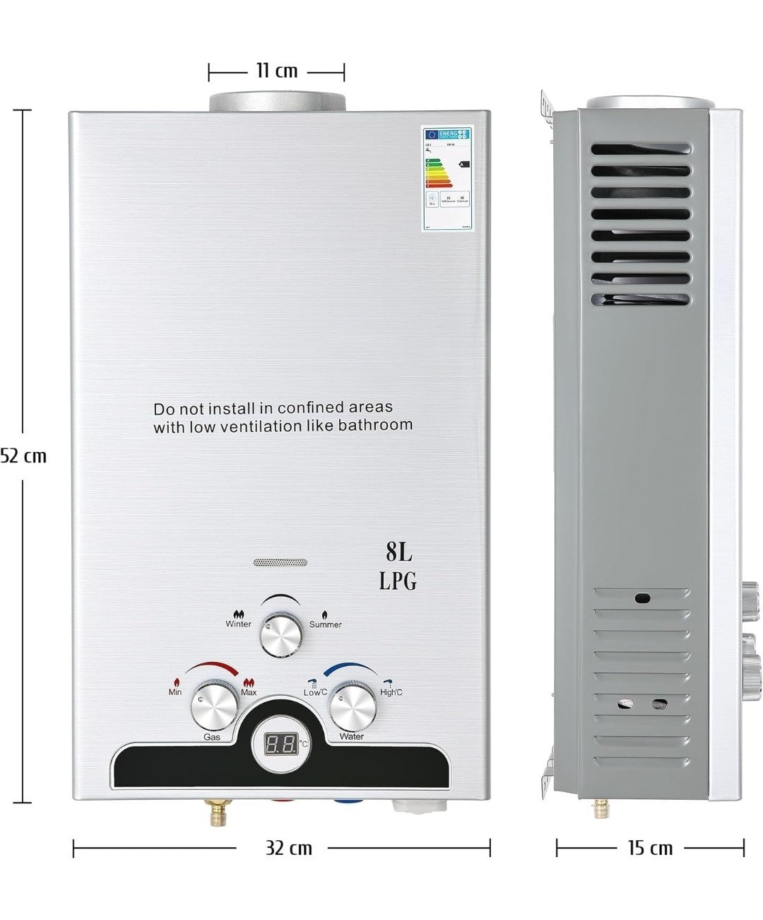 8L LPG Gas Water Heater Tankless Instant Boiler with LED & Copper Core Outdoor 