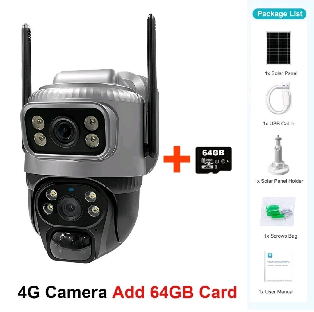 V380 Dual Lens 4G Solar Camera with PIR Detection,Night Vision,8MP,Waterpr+64Gb