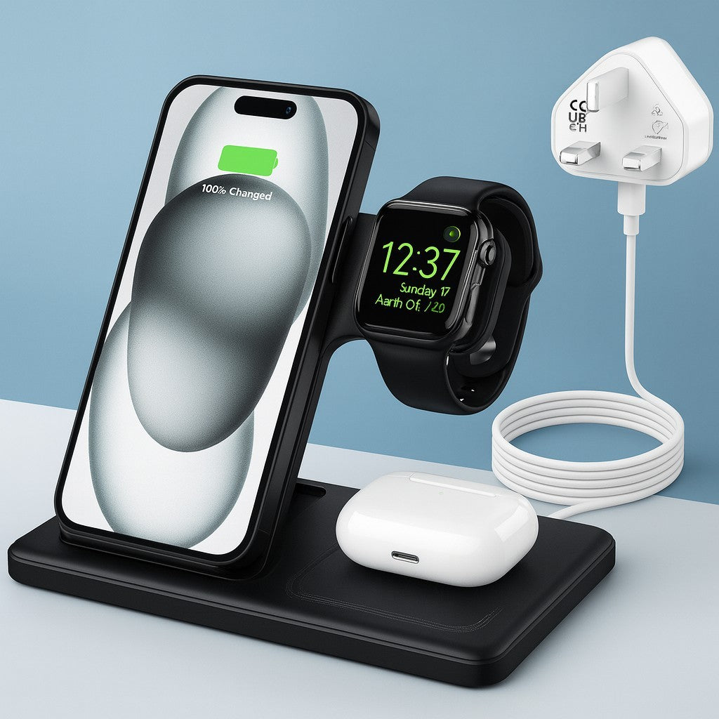 3 in 1 Fast Wireless Charger Dock Station with 25W Plug & USB-C Cable For iPhone