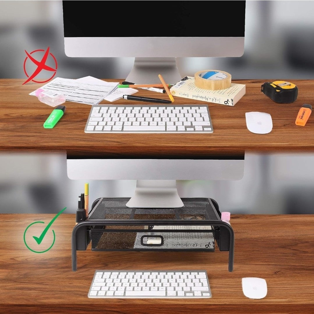 Mesh Metal Monitor Stand, Laptop, Printer with Drawer & Pen Holders |Vertical