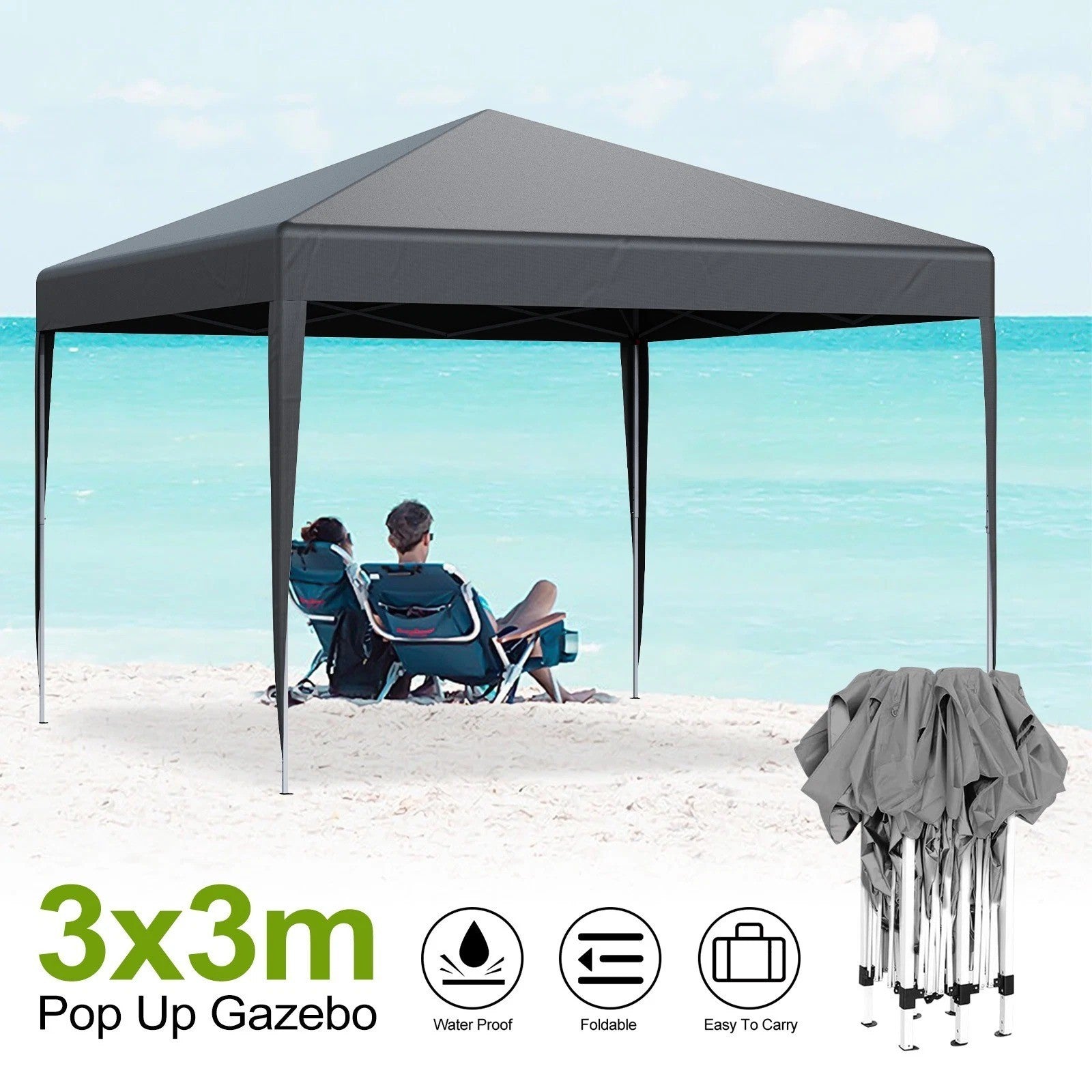 3X3M Heavy Duty Pop-up Gazebo Outdoor Garden Canopy Party Tent Adjustable -Grey