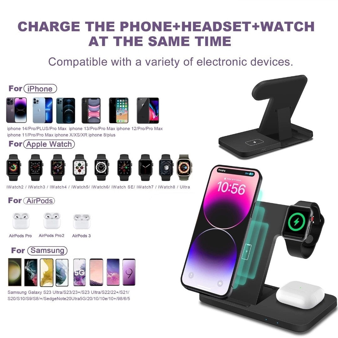 3 In 1 Fast Wireless Charger Dock Stand For Apple iPhone, Apple Watch, AirPods.