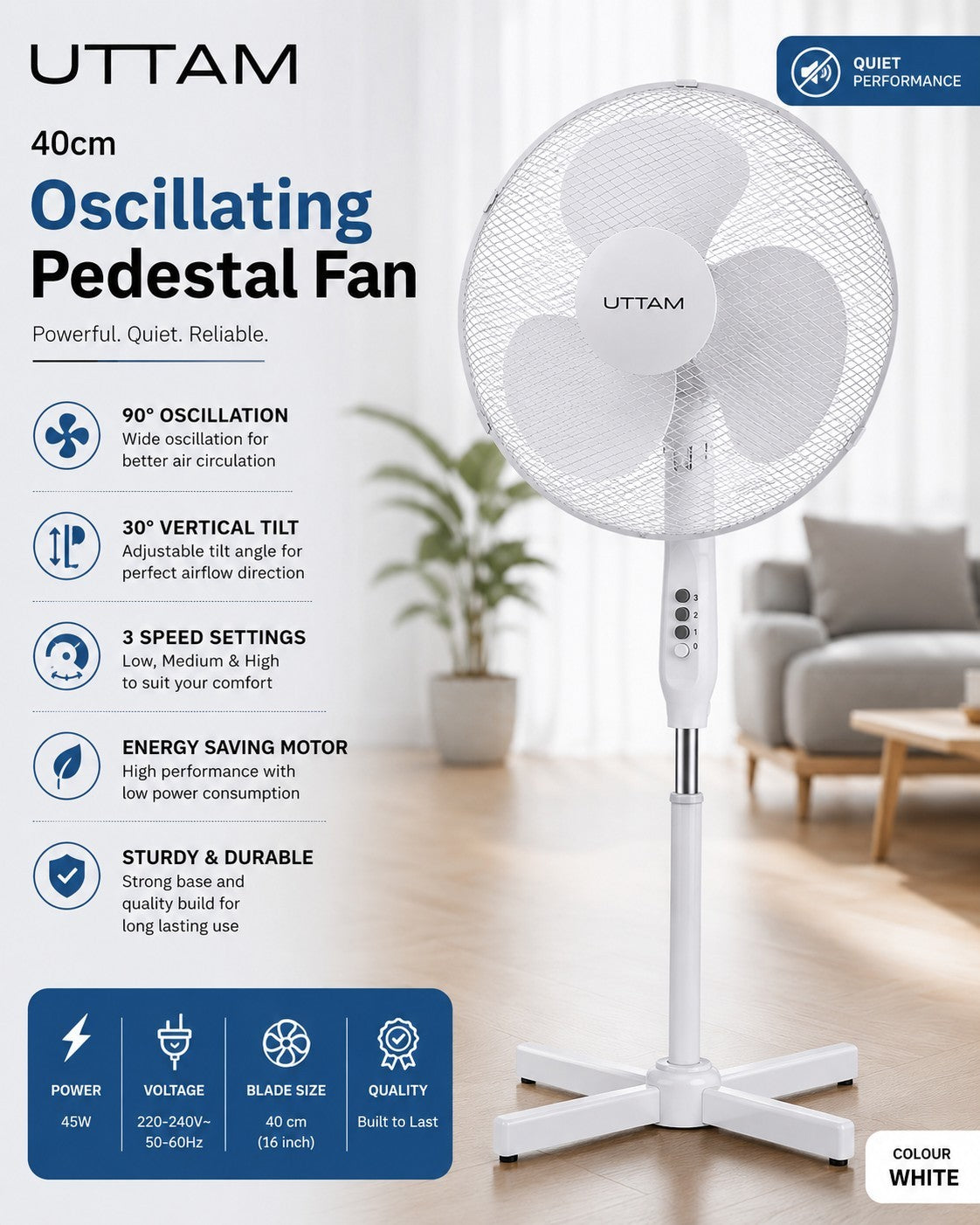 Oscillating Pedestal Fan 16" Portable 3 Speed Cooling Silent Fan Floor Standing 