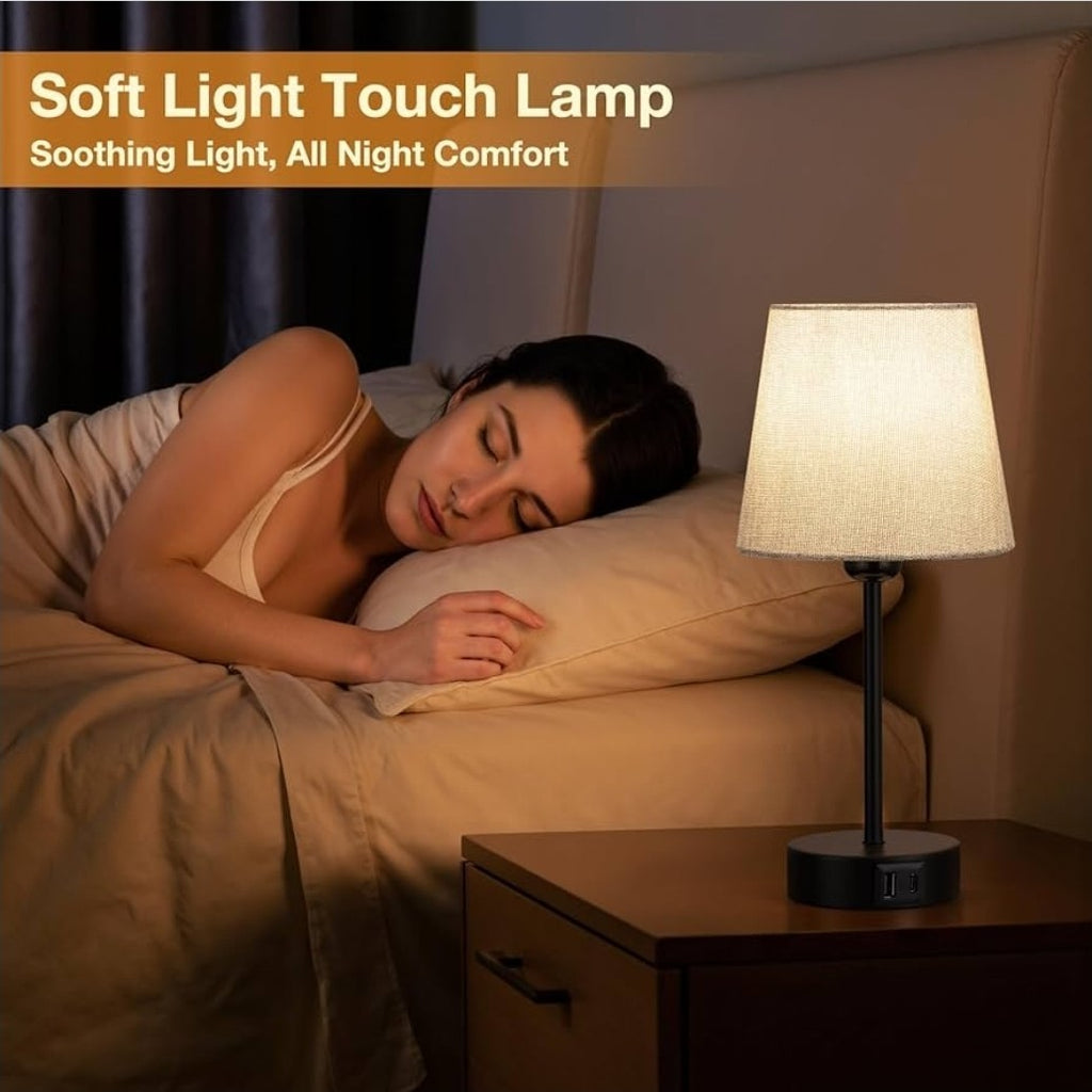 Set of 2 Touch Bedside Table Lamps with 3-Way Dimmable Light – Off-White Fabric 