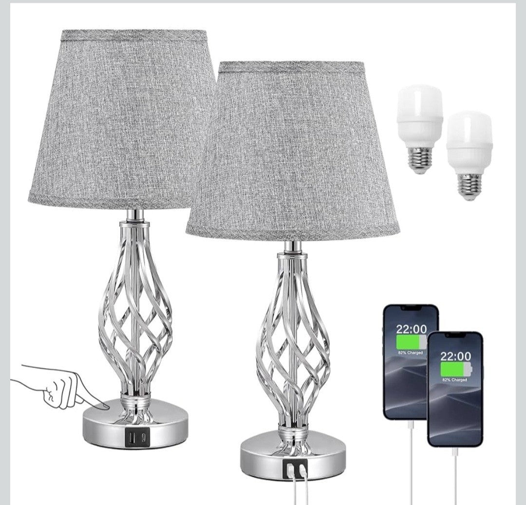 AOOSHINE Touch Table BedsideLamps Set of 2,USB-C USB-A Ports,3 Way Dimmable GREY