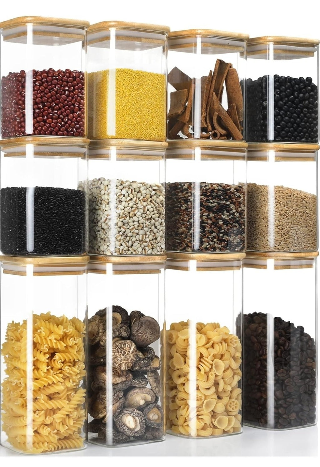 LIBWYS 12x Square Glass Food Storage Jars with Bamboo Lids Airtight Canisters 