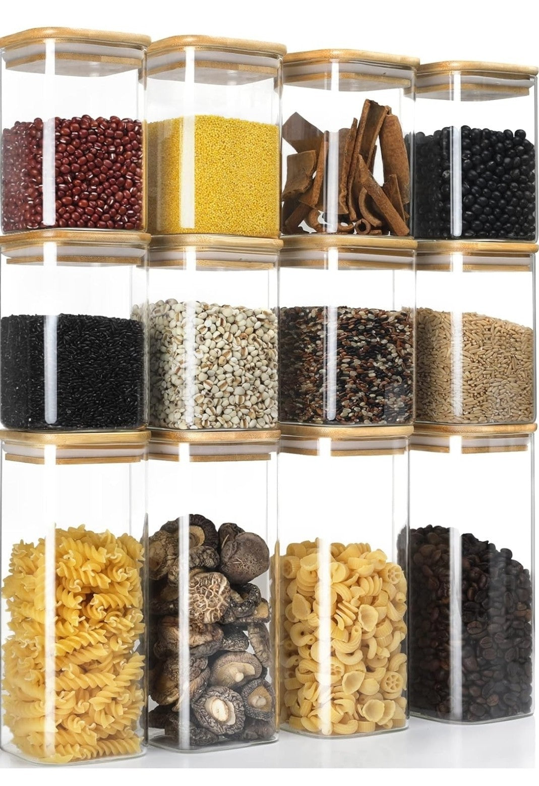 LIBWYS 12x Square Glass Food Storage Jars with Bamboo Lids Airtight Canisters 