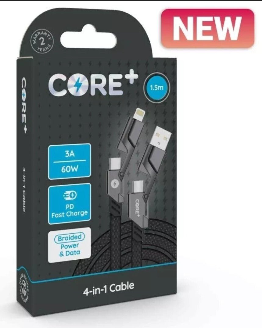 "CORE+ 4-in-1 Braided Fast Charging Cable 1.5m, 27W/60W PD, For iPhone & Type C.