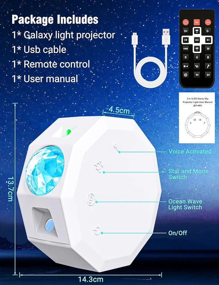 2 In 1 Galaxy Star Night LED Starry Sky Projector Light With Bluetooth Speaker