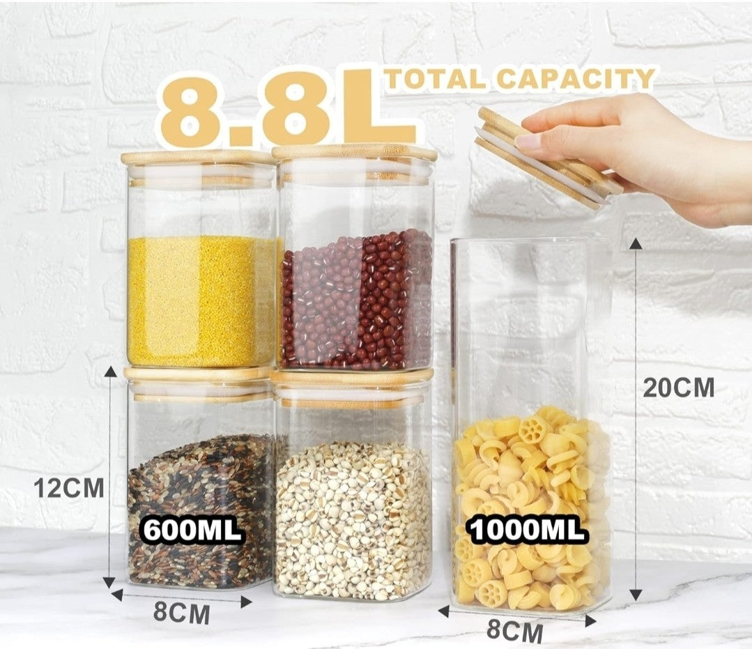 LIBWYS 12x Square Glass Food Storage Jars with Bamboo Lids Airtight Canisters 
