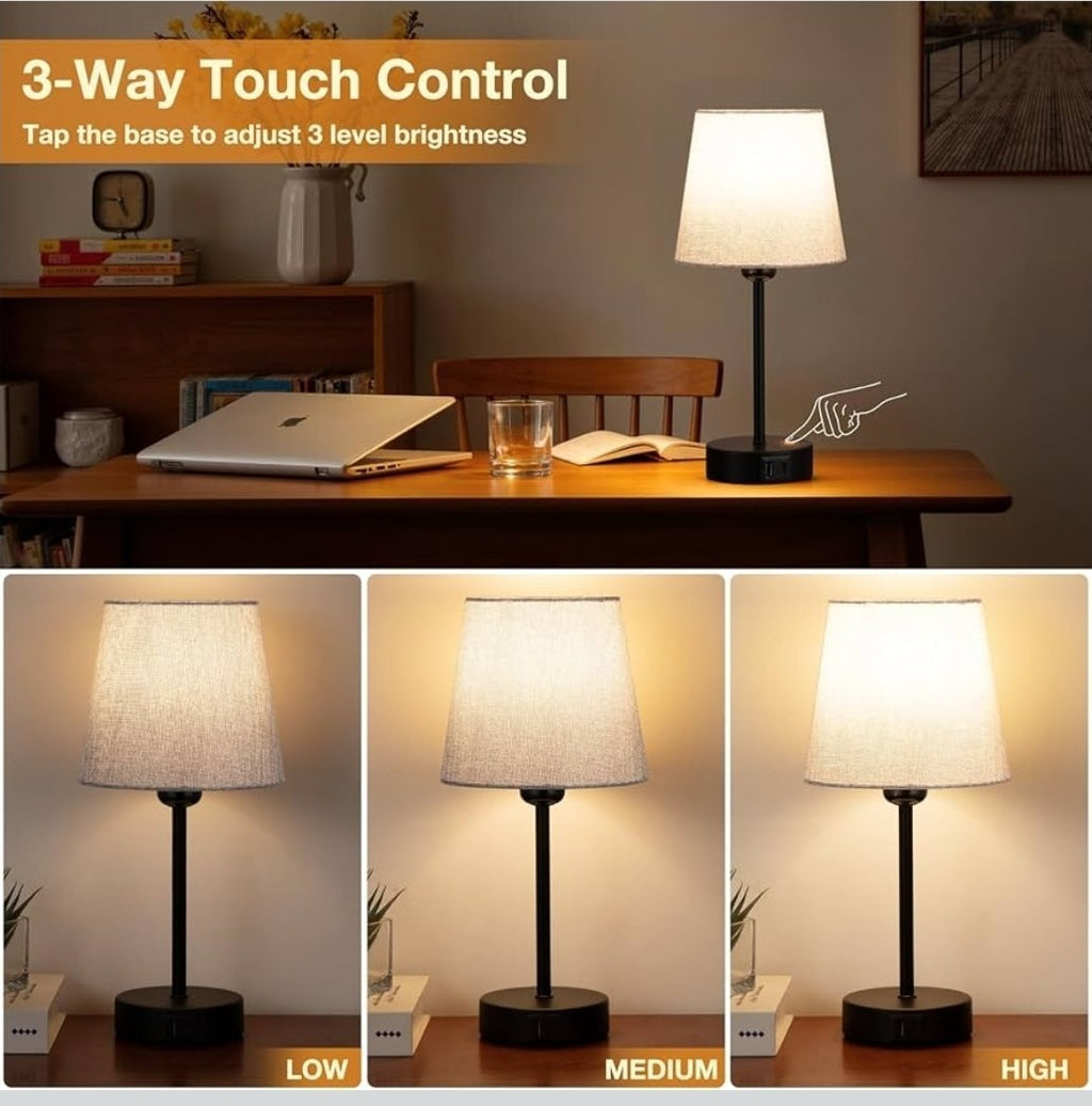 Set of 2 Touch Bedside Table Lamps with 3-Way Dimmable Light – Off-White Fabric 