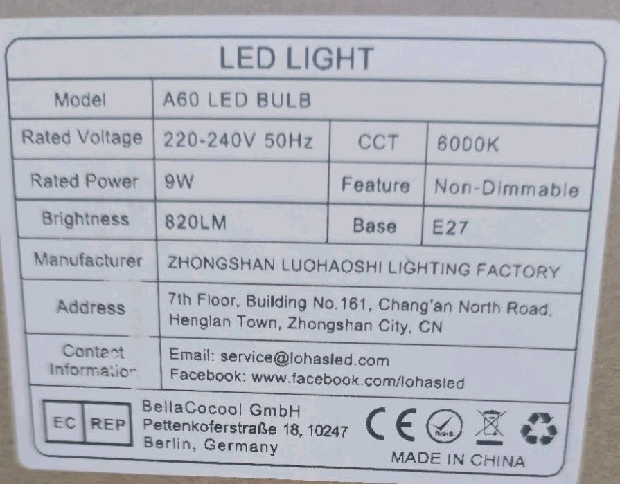 6 Pack E27 LED Bulb Cool White 9W (60W Eqv) 6000K 806lm A60 Standard Screw Light