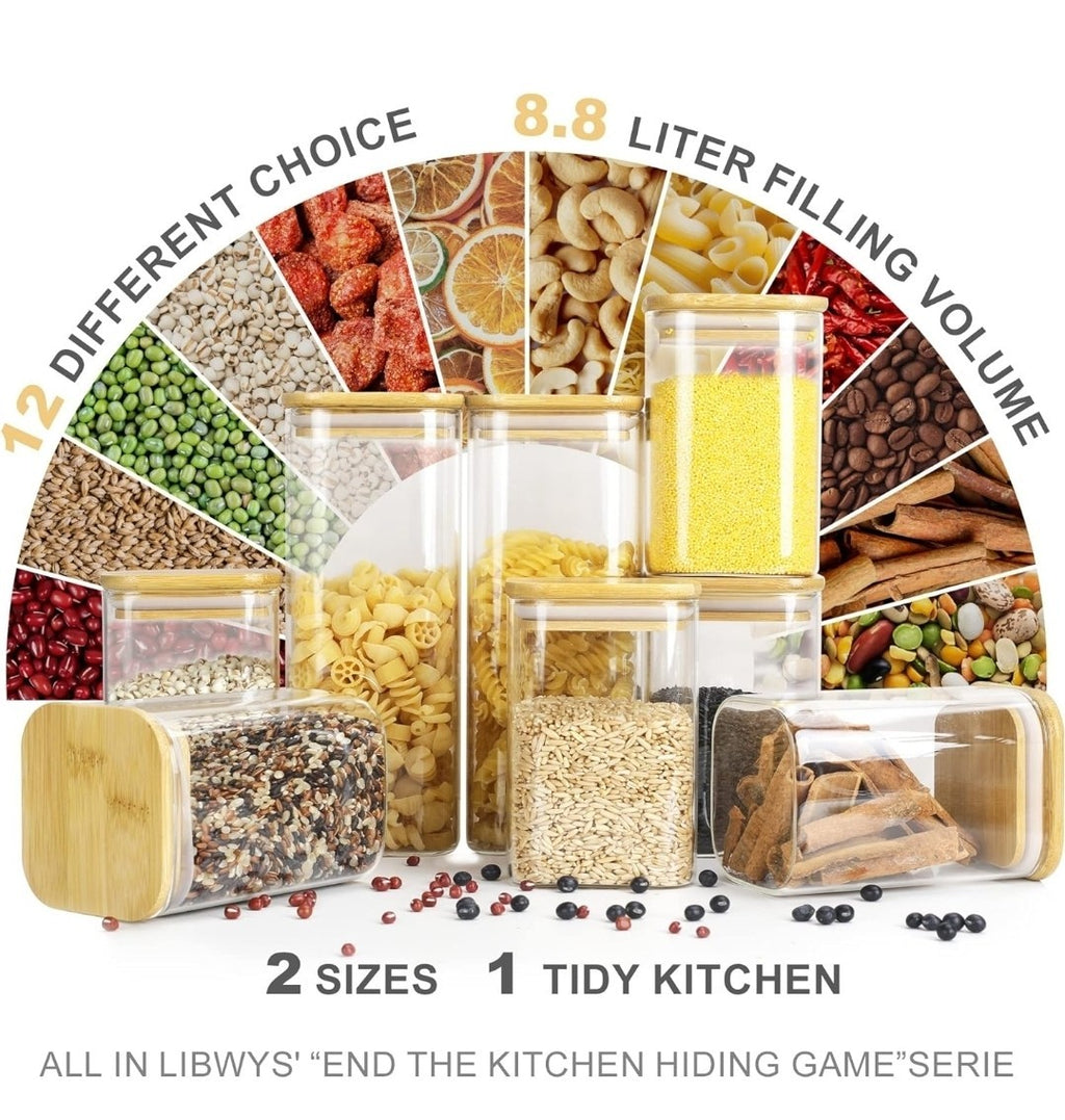 LIBWYS 12x Square Glass Food Storage Jars with Bamboo Lids Airtight Canisters 