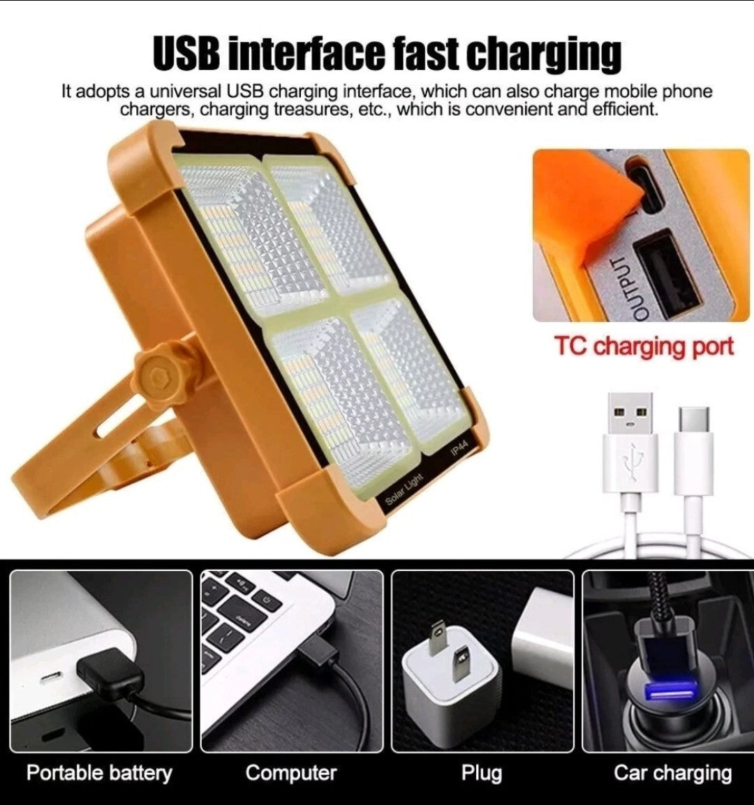 2000W Rechargeable LED Work Light Solar Cordless Portable Floodlight USB 4 Modes
