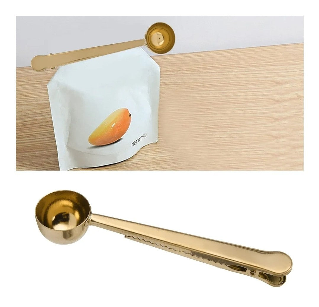 Gold Coffee Scoop with Bag Clip – 2-in-1 Stainless Steel Coffee Spoon for Tea