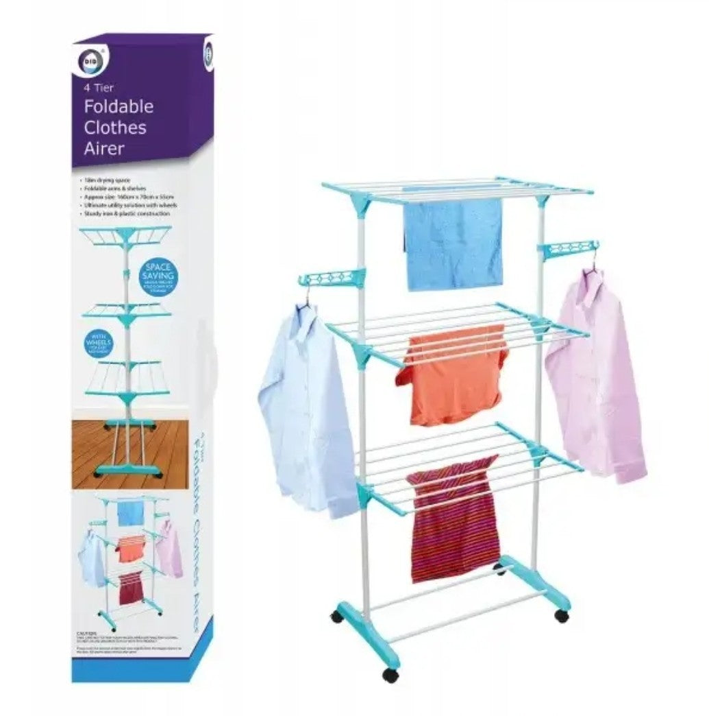 4 Tier Foldable Clothes Airer with Wheels Space Saving, Home Drying Solution
