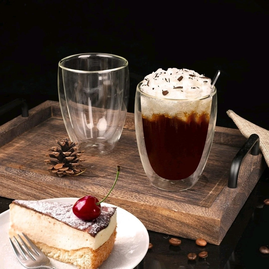 LIBWYS 6x 350ML Double Wall Glass Tea, Coffee Mugs + 6 Spoons – Heat Resistant 