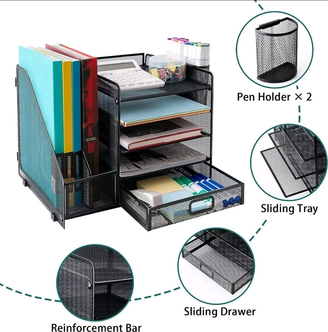 Mesh Desk Organiser Black 5-Tier Letter Tray with Drawer & Pen Holders |Vertical