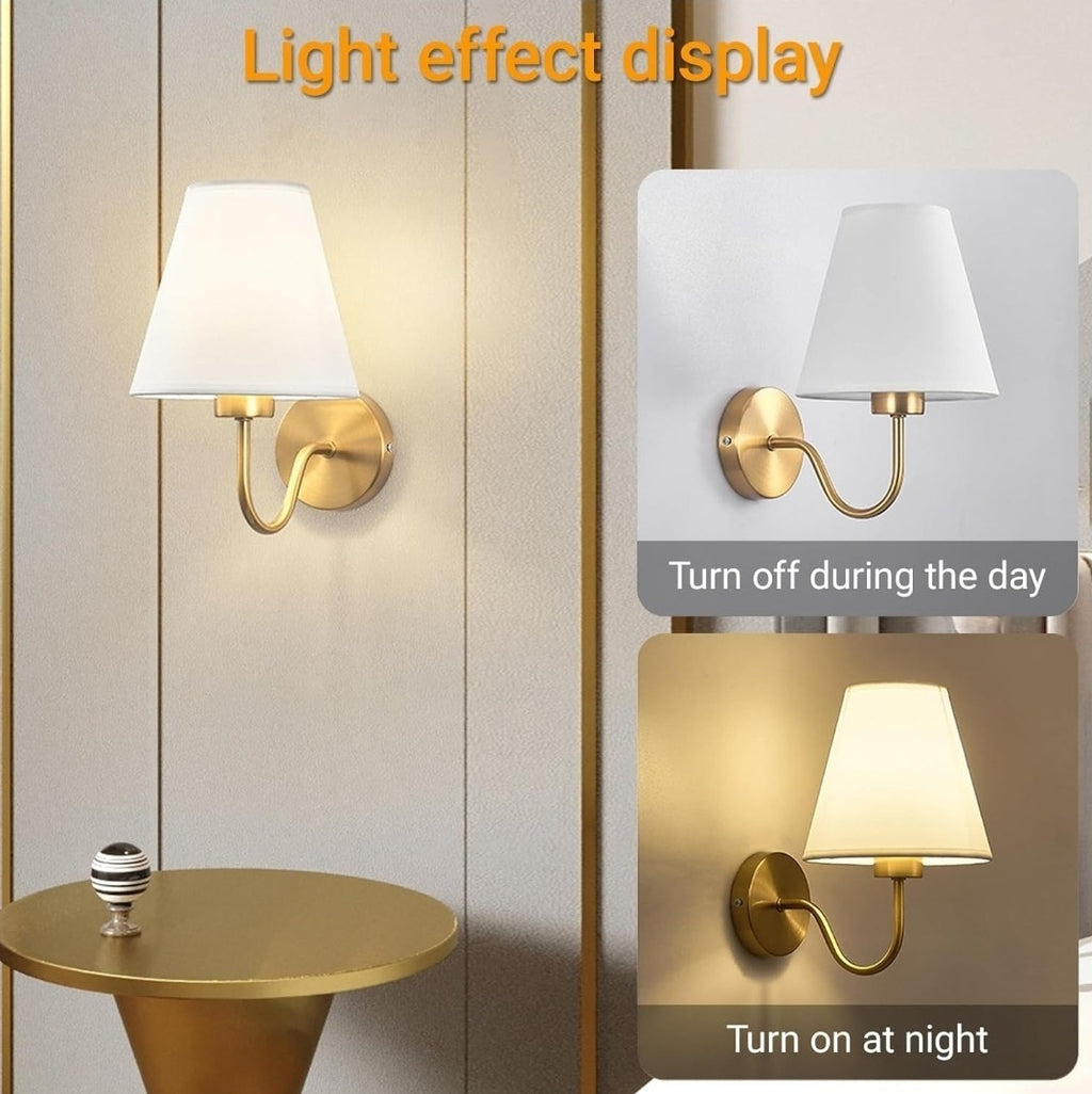 Antique Brass Classic Gold Wall Sconce with White Fabric Shade Modern E27 Light 