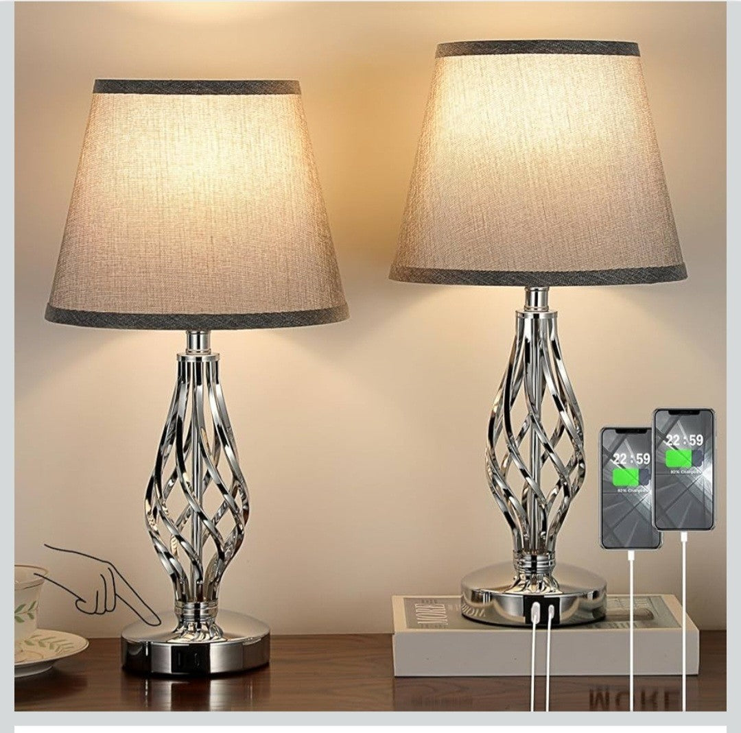 AOOSHINE Touch Table BedsideLamps Set of 2,USB-C USB-A Ports,3 Way Dimmable GREY