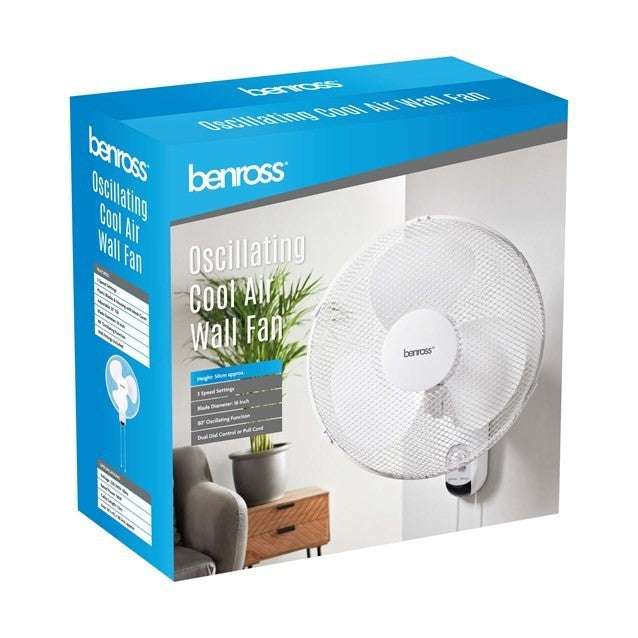 Benross 16" Oscillating Wall Fan 50W | 3 Speed Settings | Pull Cord Control 