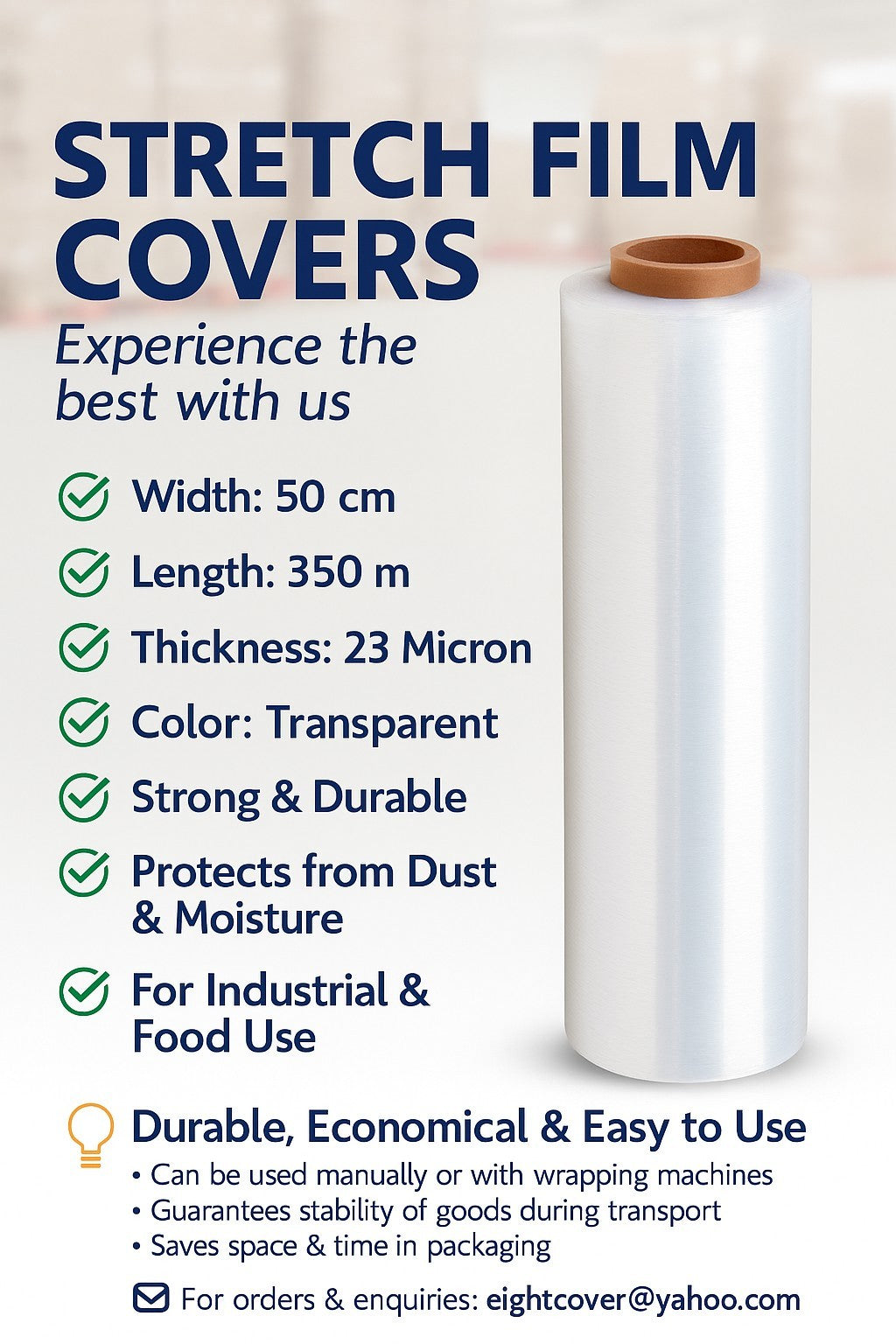 Wraping Roll Stretch Film, Cling Film 50cm x 350m | 23 Micron Strong Heavy-duty 