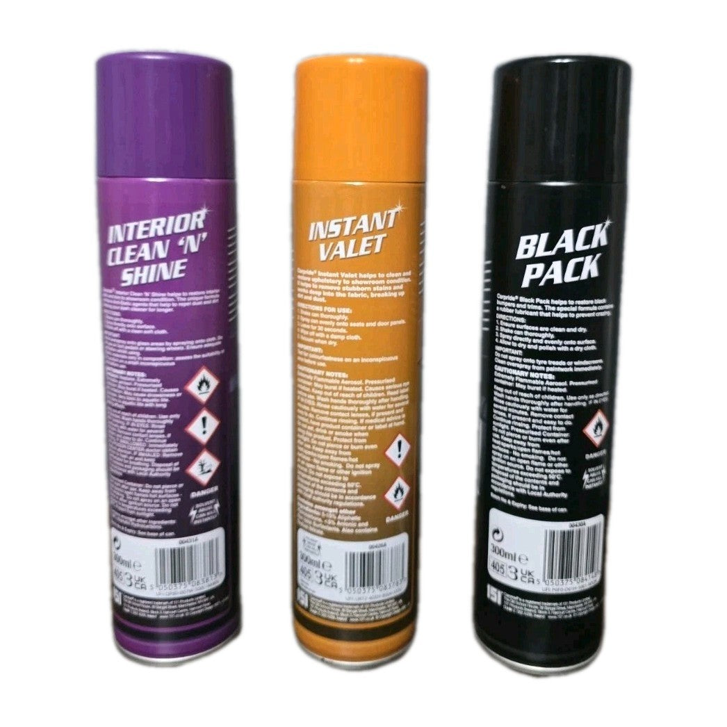 Pack of 3 Instant Valet Upholstery/Carpet . Interior Clean N Shine.Bumper & Trim