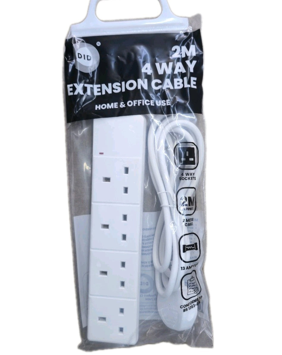 Electric Extension Lead, 4 GANG, 2 METER CABLE 13A UK Plug Multi Way Adapter
