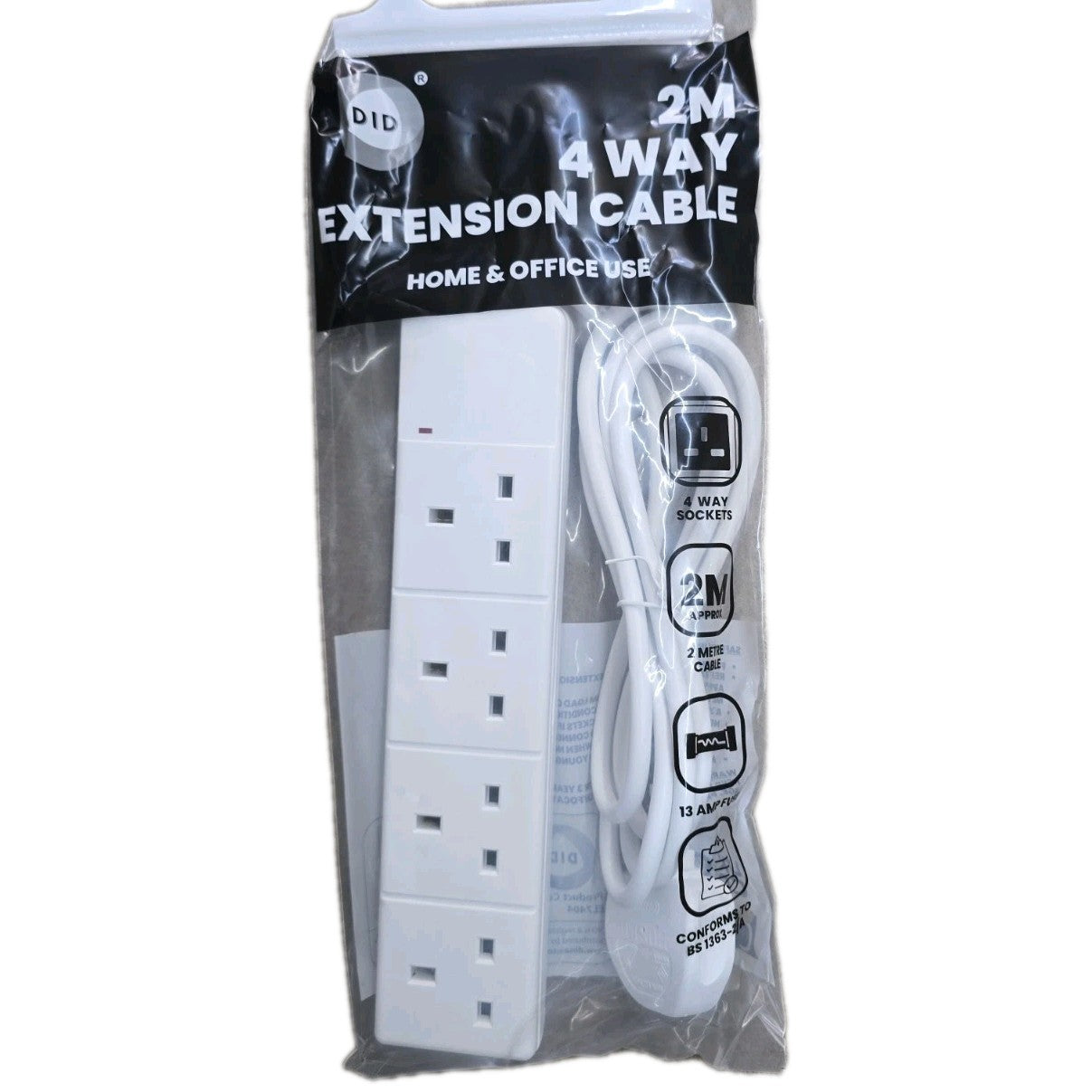 Electric Extension Lead, 4 GANG, 2 METER CABLE 13A UK Plug Multi Way Adapter