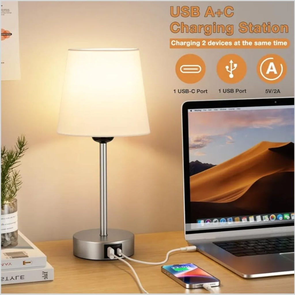 Set of 2 Touch Bedside Table Lamps with 3-Way Dimmable Light – Off-White Fabric 