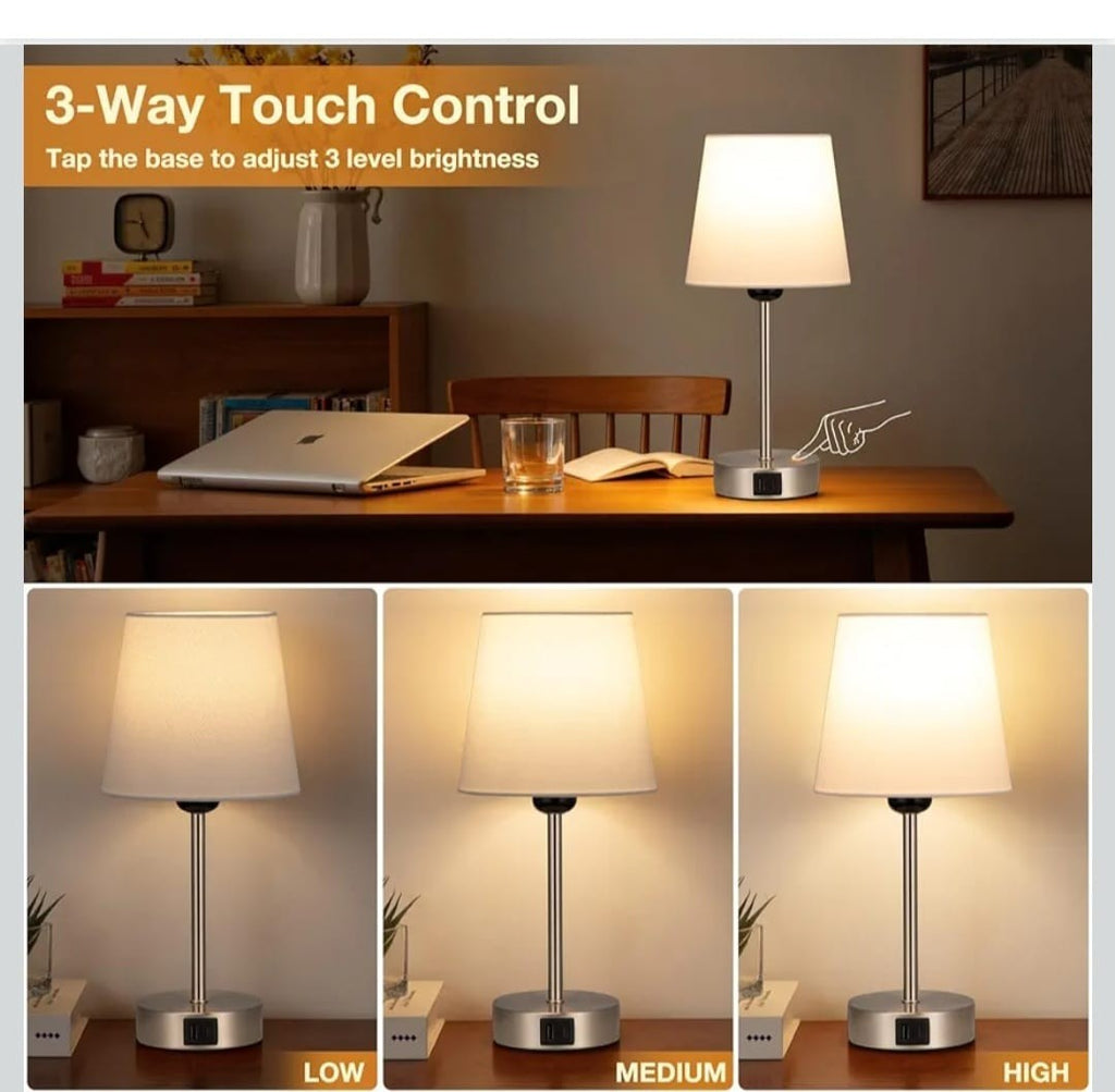 Set of 2 Touch Bedside Table Lamps with 3-Way Dimmable Light – Off-White Fabric 