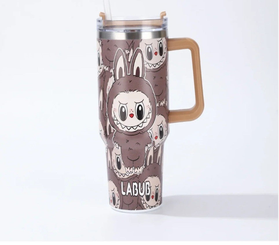 LABUB Character Travel Mug Tumbler with Handle–40oz Insulated Cup with Lid BROWN