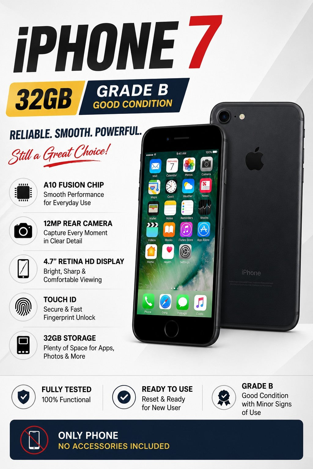 Apple iPhone 7 32GB Black Unlocked Grade B Good Condition - Phone Only