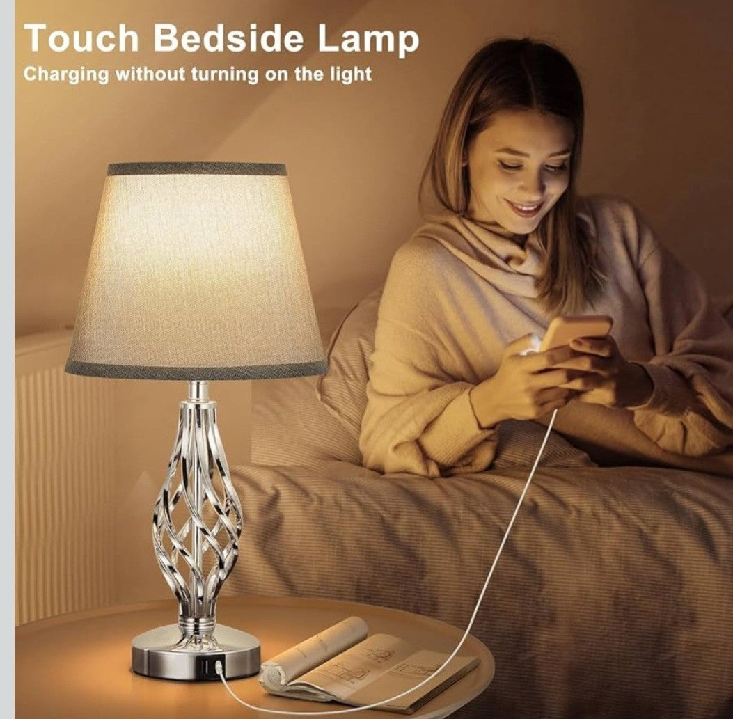 AOOSHINE Touch Table BedsideLamps Set of 2,USB-C USB-A Ports,3 Way Dimmable GREY