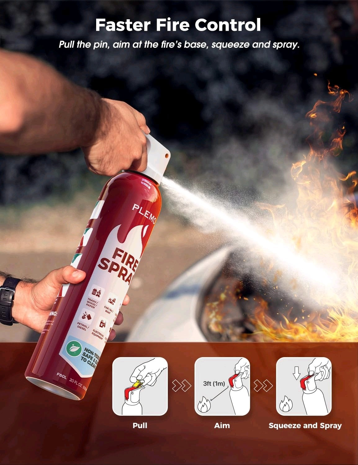 Pack Of 2 PLEMO Car Fire Stop Extinguisher Spray for Car, Home, Kitchen, Caravan