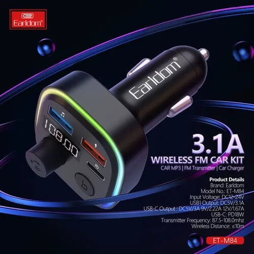 Bluetooth 5.0 Wireless FM Transmitter Radio MP3 Player USB-C Car Charger Adapter
